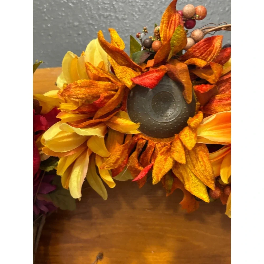 Fall Grapevine Wreath Faux Sunflower Dahlia Autumn Door Decor 18 Inch Rustic